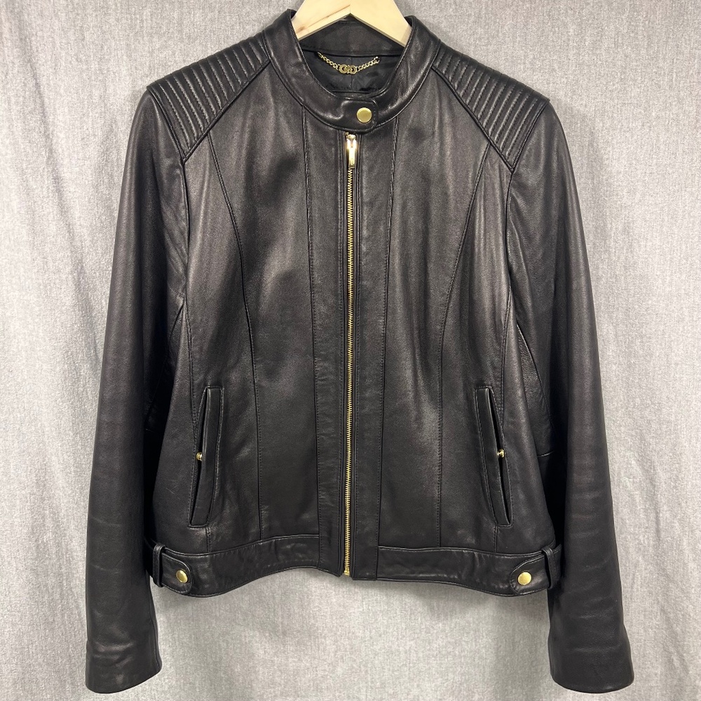 Black Leather Zip-Front Jacket with Quilted Shoulder Detail